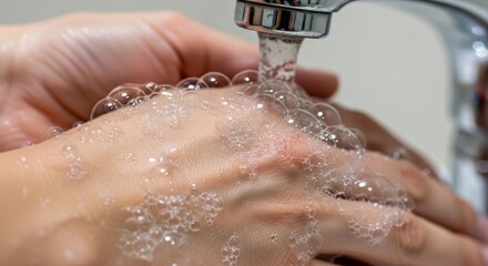 Close-up of hands being thoroughly washed with soap and water under a flowing faucet, emphasizing hygiene and cleanliness