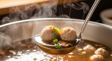 Delicious Steaming Meatball Soup Served Hot with a Ladle, Garnished with Fresh Green Onions from the Pot