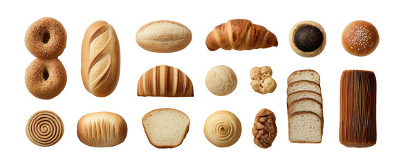 Assorted baked goods, various types of breads and rolls, displayed in a grid format