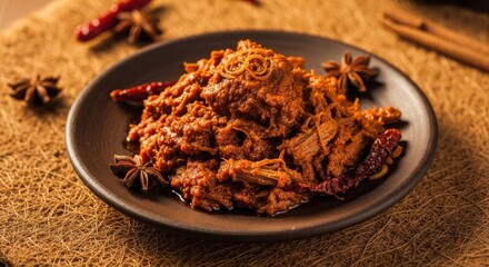 Richly Spiced Braised Meat Dish with Star Anise and Chili, Authentic Cuisine on Textured Background, Gourmet Food Photography