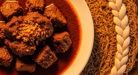 Rich and Flavorful Meat Curry or Stew Garnished with Crushed Nuts, Served on a Rustic Woven Mat with Stylized Grain Motif