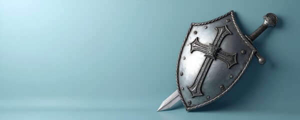 Silver medieval shield sword cross light blue background. Antique weapon, knight armor, historic defense. Medieval battle concepts like courage, protection, and religious symbolism of christian faith.