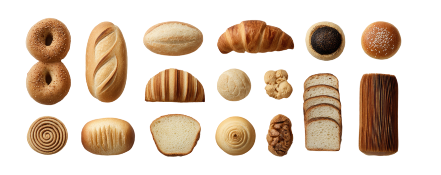 Assorted baked goods, various types of breads and rolls, displayed in a grid format