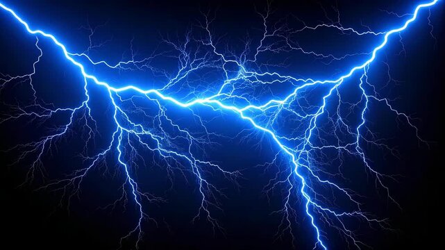 Electric blue lightning strikes with bright illumination against a stark dark night sky, forming intricate and branched energy patterns.