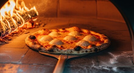 Artisan Neapolitan Pizza Baking in a Blazing Wood-Fired Brick Oven on a Traditional Pizza Peel
