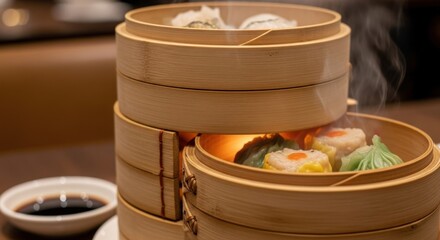 Authentic Steaming Dim Sum Dumplings in Traditional Bamboo Baskets with Soy Sauce, Freshly Prepared in a Restaurant Setting