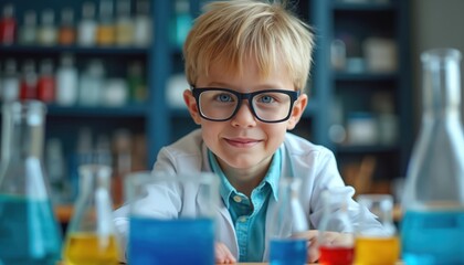 Portrait of cute blond boy in glasses science experiments in colorful lab. Creating liquids in test tubes. Scientific equipment flasks beakers on shelf. Child education, creativity, youthful