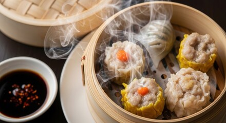 Steaming Hot Authentic Chinese Dim Sum Dumplings in Bamboo Steamer with Dipping Sauce, Freshly Prepared Asian Cuisine
