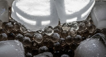Diverse Ice Textures: Glistening Frozen Spheres and Irregular Chunks in a Chilling Macro Shot