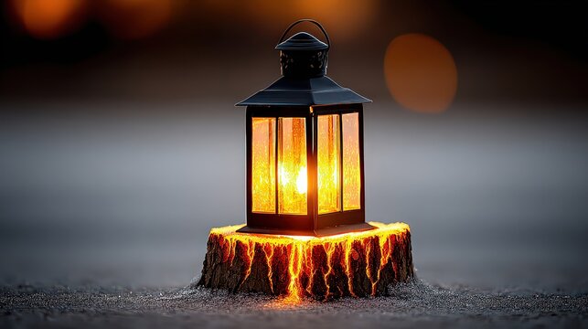 A warm lantern glowing on a rustic wooden stump creates a cozy, inviting atmosphere, perfect for autumn or winter decor, and ideal for promotional materials related to home warmth or outdoor events,