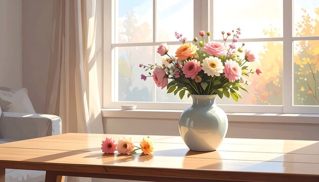 Elegant bouquet arrangement in a sunlit room, evoking serenity and domestic bliss