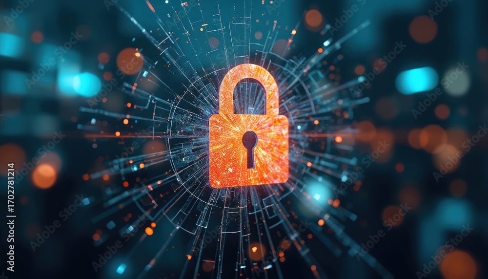 Poster abstract digital lock with broken glass effect. orange security symbol on dark background with turqu