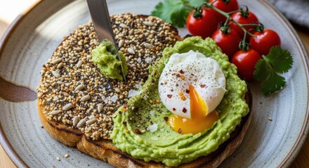 Gourmet Avocado Toast with Poached Egg, Everything Bagel Seasoning, and Fresh Cherry Tomatoes on Sourdough Bread for a Healthy Brunch Meal