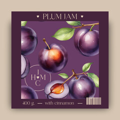 Plum Jam Label Template Watercolor Fruit Illustration