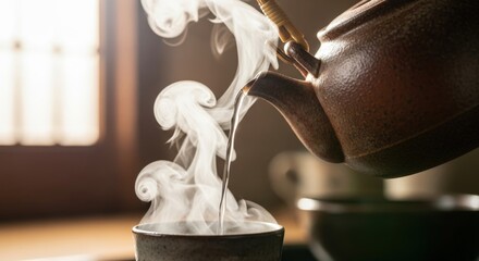 Steaming hot tea pouring from traditional teapot into rustic ceramic cup, elegant vapor rising. Warm beverage for comfort.