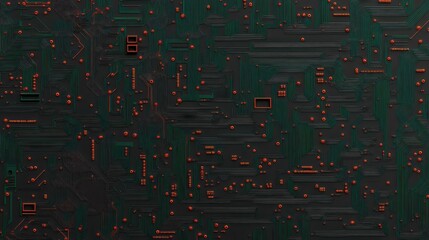Abstract close-up of a circuit board featuring intricate green and black lines with orange nodes, ideal for technology-themed projects, digital art, or as a background for tech presentations,
