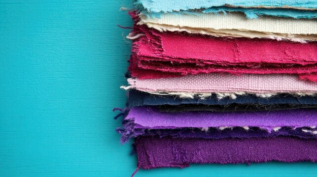 Colorful fabric swatches arranged neatly can be used for design projects, fashion, or textile marketing, The vibrant hues enhance creativity in crafting or home decor,