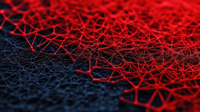 An abstract network illustration featuring vibrant red and dark blue lines creates a visually striking design, ideal for digital media, technology presentations, or background graphics, - Powered by Adobe
