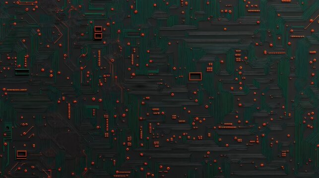 Abstract close-up of a circuit board featuring intricate green and black lines with orange nodes, ideal for technology-themed projects, digital art, or as a background for tech presentations,