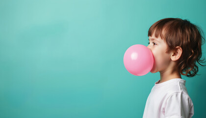 Young boy blows large pink bubble gum. Profile view captures childs enjoyment with candy on turquoise studio backdrop. Playful kid expresses happiness, youth, innocence.