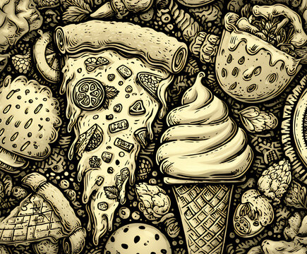 seamless pattern of hand-drawn doodle food and drink items (e.g., pizza, coffee