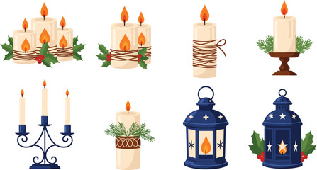 Holiday candle and lantern collection with foliage, twine, and star cutouts—perfect for winter decor, celebration themes, and cozy design. © Vex flow
