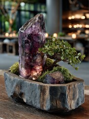 An illuminated amethyst geode centerpiece, nestled within a rustic wooden trough, is complemented by a miniature bonsai tree and moss, creating a serene and sophisticated display