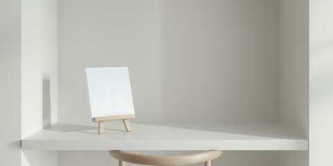 Small White Canvas on Wooden Easel on Shelf with Soft Light and Shadow blank