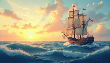 Fototapeta premium Illustration sailboat sailing ocean waves during sunset. Sun setting over sea creates romantic vibes. Ship at sea, peaceful marine scene. Nautical adventure, travel, exploration and voyage concept.
