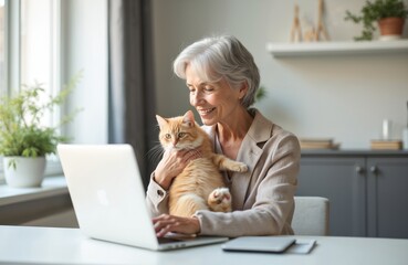 Senior woman works laptop, holds beige cat. Elderly lady smiles, happy face, home office. Pet owner, remote worker in retirement enjoying time. Cute cat, tech, senior lifestyle.