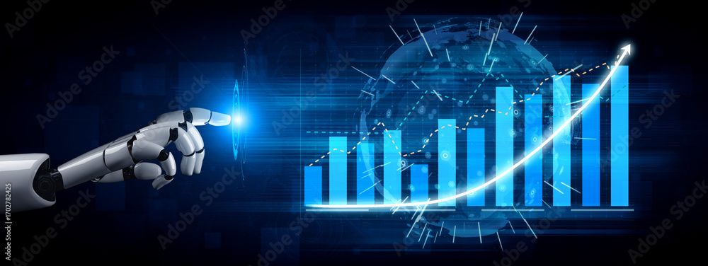 Aufkleber this image showcases a robotic hand pointing at a glowing digital graph that symbolizes growth and p