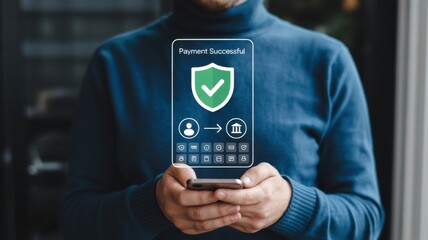 Secure Transaction: A person holds a smart device displaying a Payment Successful message, symbolizing the ease and safety of modern digital transactions.