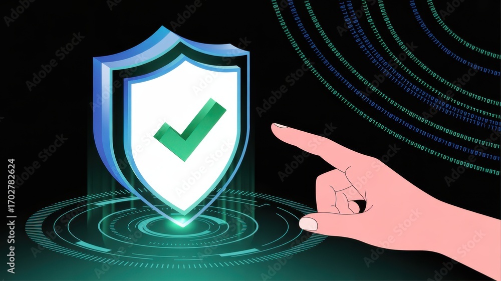 Poster cybersecurity and assurance: a hand touches a digital shield with a checkmark, symbolizing safety an