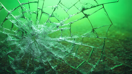 A detailed close-up of shattered glass with cracks radiating from a central impact point against a vibrant green background.