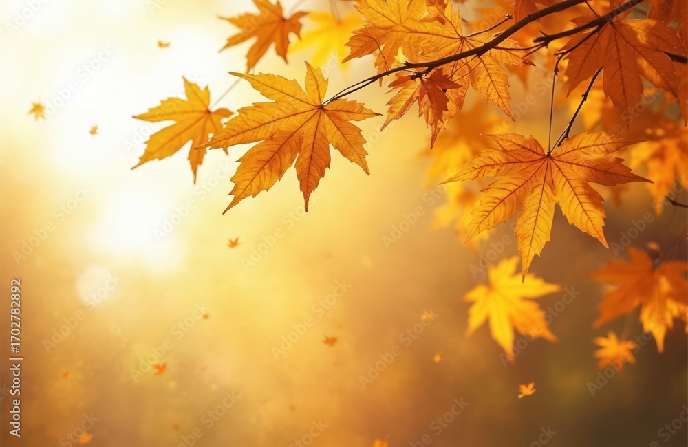 Poster golden maple leaves drift down in soft sunlight, creating a dreamy autumn background. the warm light