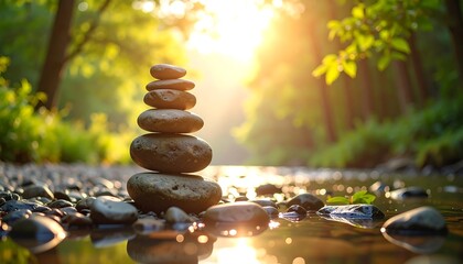 Obraz premium Stack of Rocks Balancing in River at Sunrise