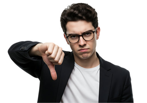 Young man wearing glasses giving thumbs down isolated on transparent background