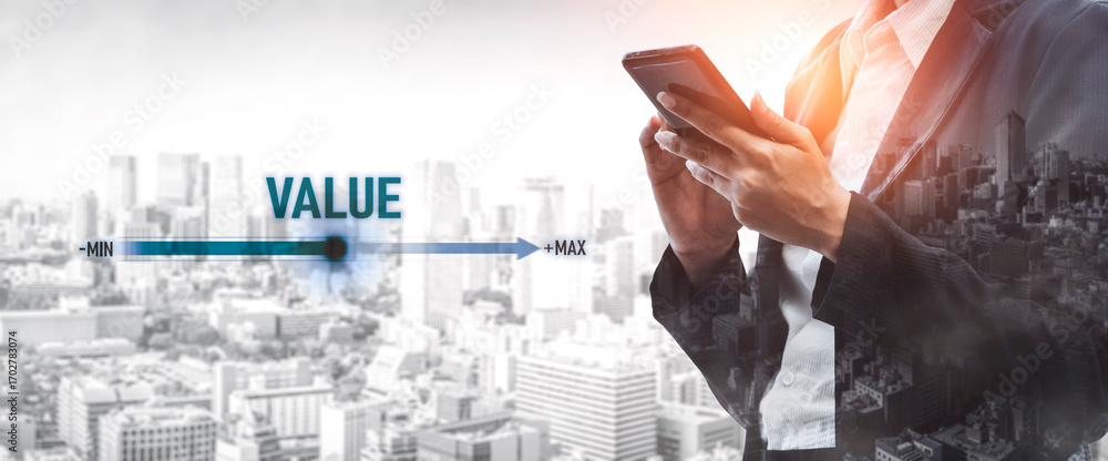 Aufkleber value measurement and adjustment concept showing value, performance, and optimization level with foc