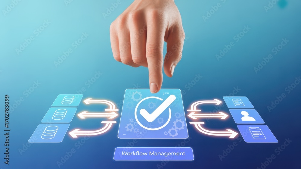 Fototapete workflow management: a hand meticulously selects a button, illustrating a clear workflow process in 