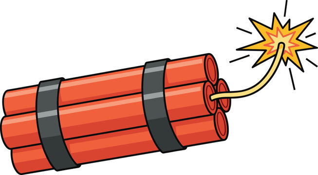 Cartoon dynamite bundle with lit fuse and explosion—ideal for danger symbols, urgency themes, action design, and storytelling illustrations.