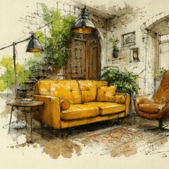 Watercolor sketch of a cozy living room featuring a mustard yellow sofa, an armchair, plants, and industrial-style lighting. The setting evokes a relaxed, homey atmosphere