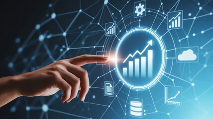 Data-Driven Growth: An illuminated graphic depicts rising financial data, with a hand interacting. This image symbolizes the power of data analysis and strategic growth in the modern business world. 