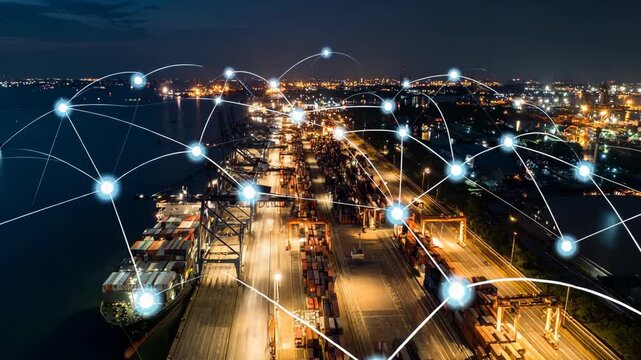 Cargo ship loaded with shipping containers at a commercial dock with an overlayed data network at night with bright lights