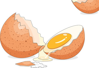 Cracked brown egg with spilled yolk and shell pieces—ideal for cooking illustrations, food preparation themes, and kitchen design content.