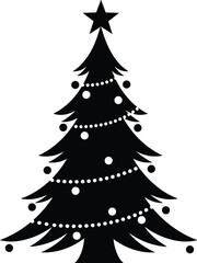 Silhouette of decorated Christmas tree with star on top, baubles, and garlands in festive black-and-white holiday design