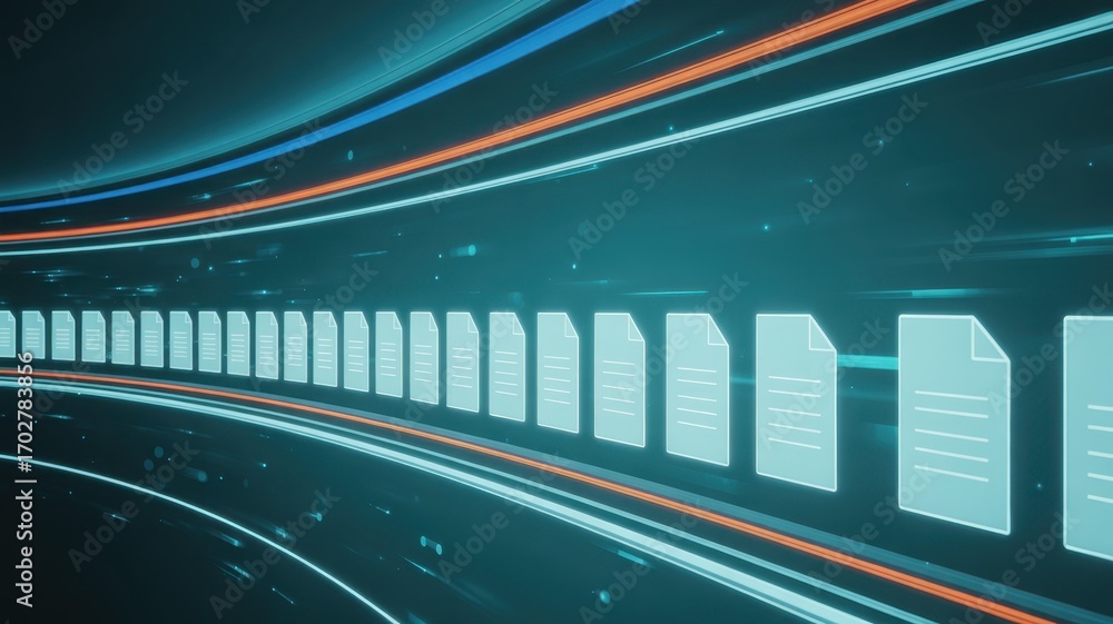 Poster data stream highway: a sleek, modern visualization depicts data flowing along a digital highway, wit