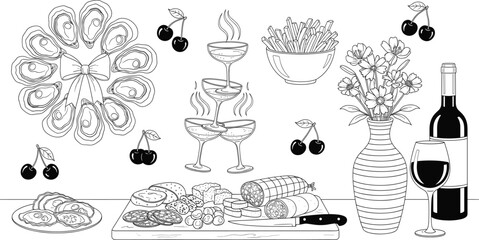 Black and white gourmet food and drink illustration with oysters, cheese board, champagne glasses, wine, and Caprese salad elements