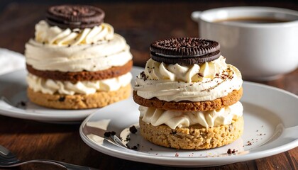 Delightful stacks of gourmet cookies and cream desserts on rustic background