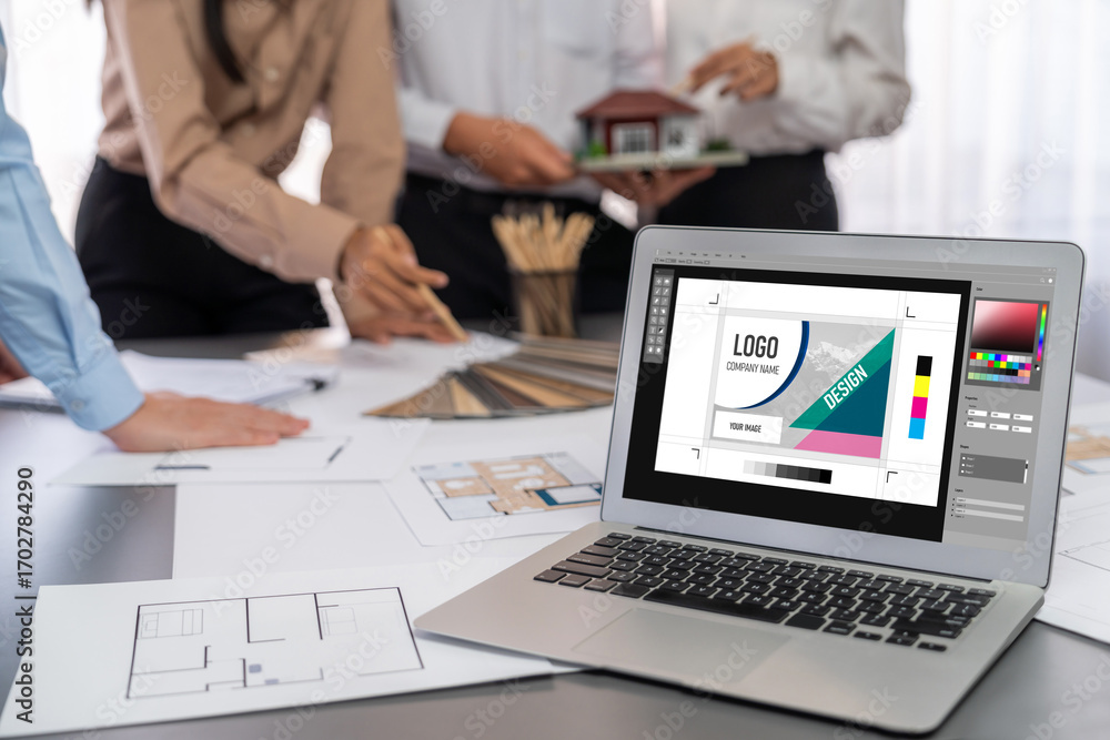 Poster group of interior architect designer discussing together on blueprint and laptop screen display arch