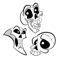 Cartoonish, vector, black-and-white illustration of three skulls. Made for Halloween.